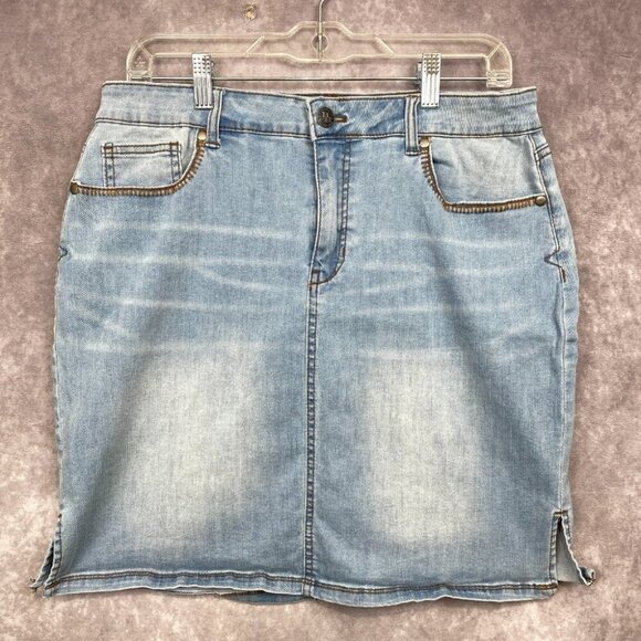 Bit & Bridle Denim Skirt Size 10 Distressed Whiskering Stitching Western Cowgirl - Picture 1 of 11